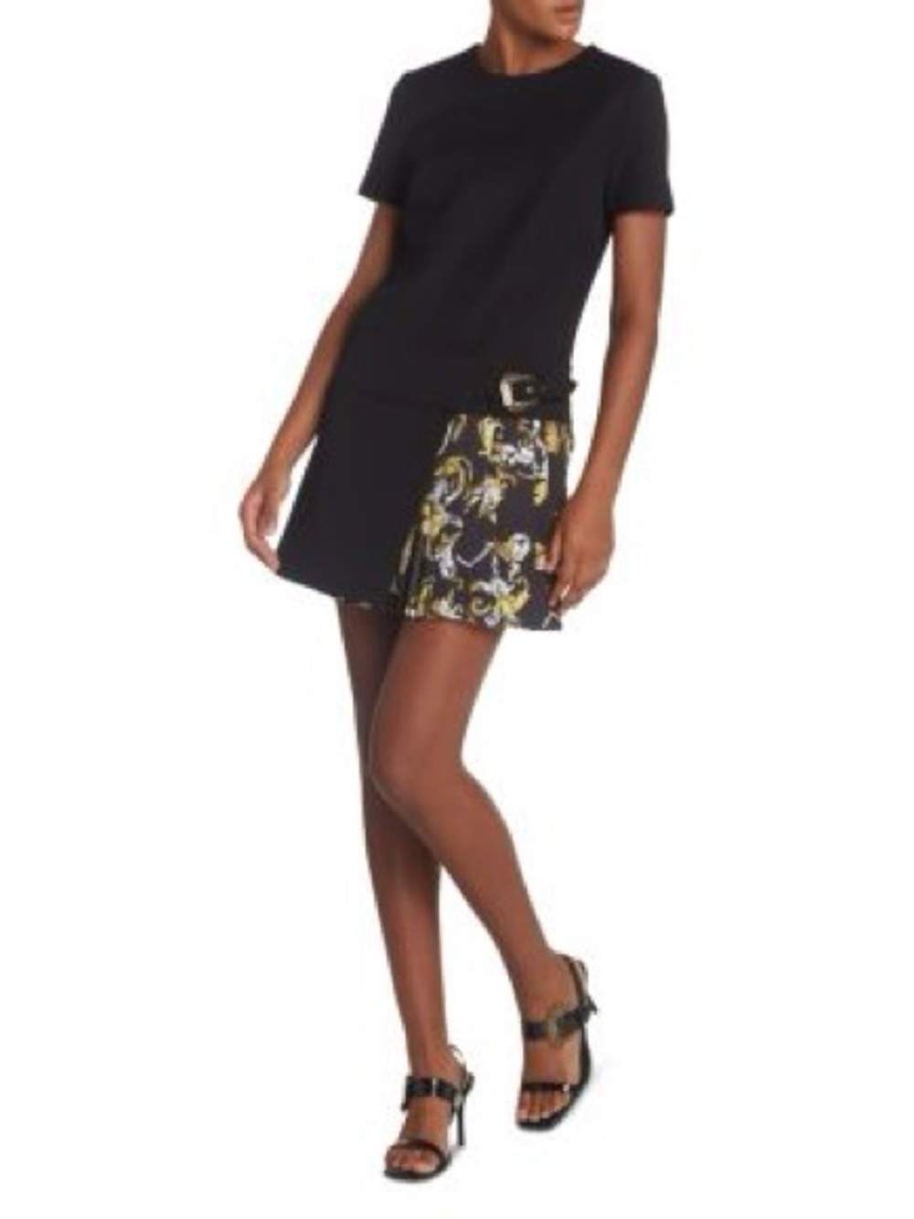 Black Asymmetrical Skirt with Floral Pleated Panel and Buckle Accent